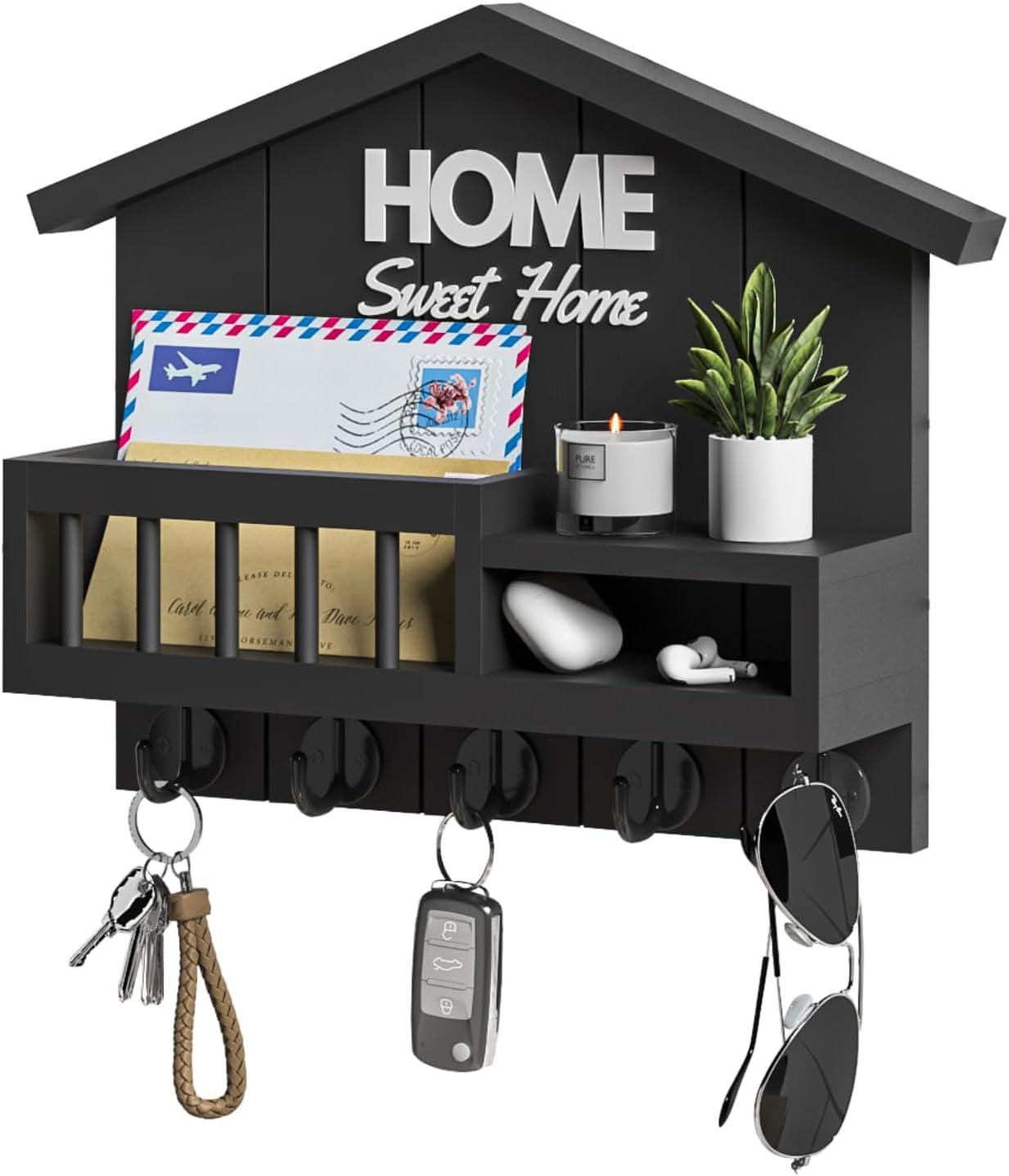Key and Mail Holder for Wall, Wall Key Holder with Shelf, Home Key Holder for Wall, Wood Black Key Holder Wall Mount, Mail Organizer Wall Mounted, Entryway & Front Door Key Holder with 5 Hooks