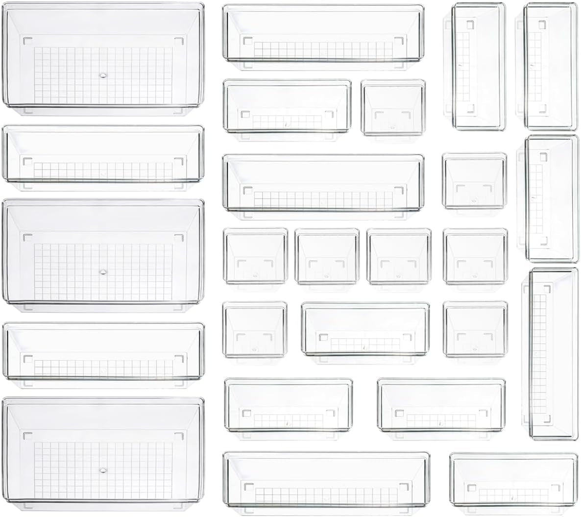 Clear Plastic Drawer Organizer Storage - 25Pcs 4 Size Desk Bathroom Kitchen Organizers and Accessories Office Organization, Vanity Stackable Drawers Bins Trays Containers Dividers Makeup Sets