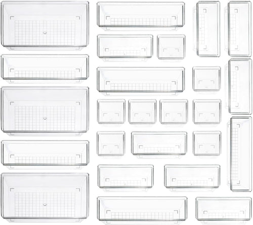 Clear Plastic Drawer Organizer Storage - 25Pcs 4 Size Desk Bathroom Kitchen Organizers and Accessories Office Organization, Vanity Stackable Drawers Bins Trays Containers Dividers Makeup Sets