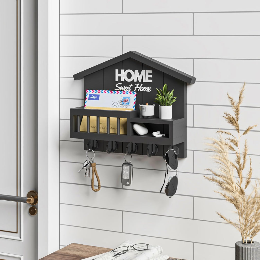 Key and Mail Holder for Wall, Wall Key Holder with Shelf, Home Key Holder for Wall, Wood Black Key Holder Wall Mount, Mail Organizer Wall Mounted, Entryway & Front Door Key Holder with 5 Hooks