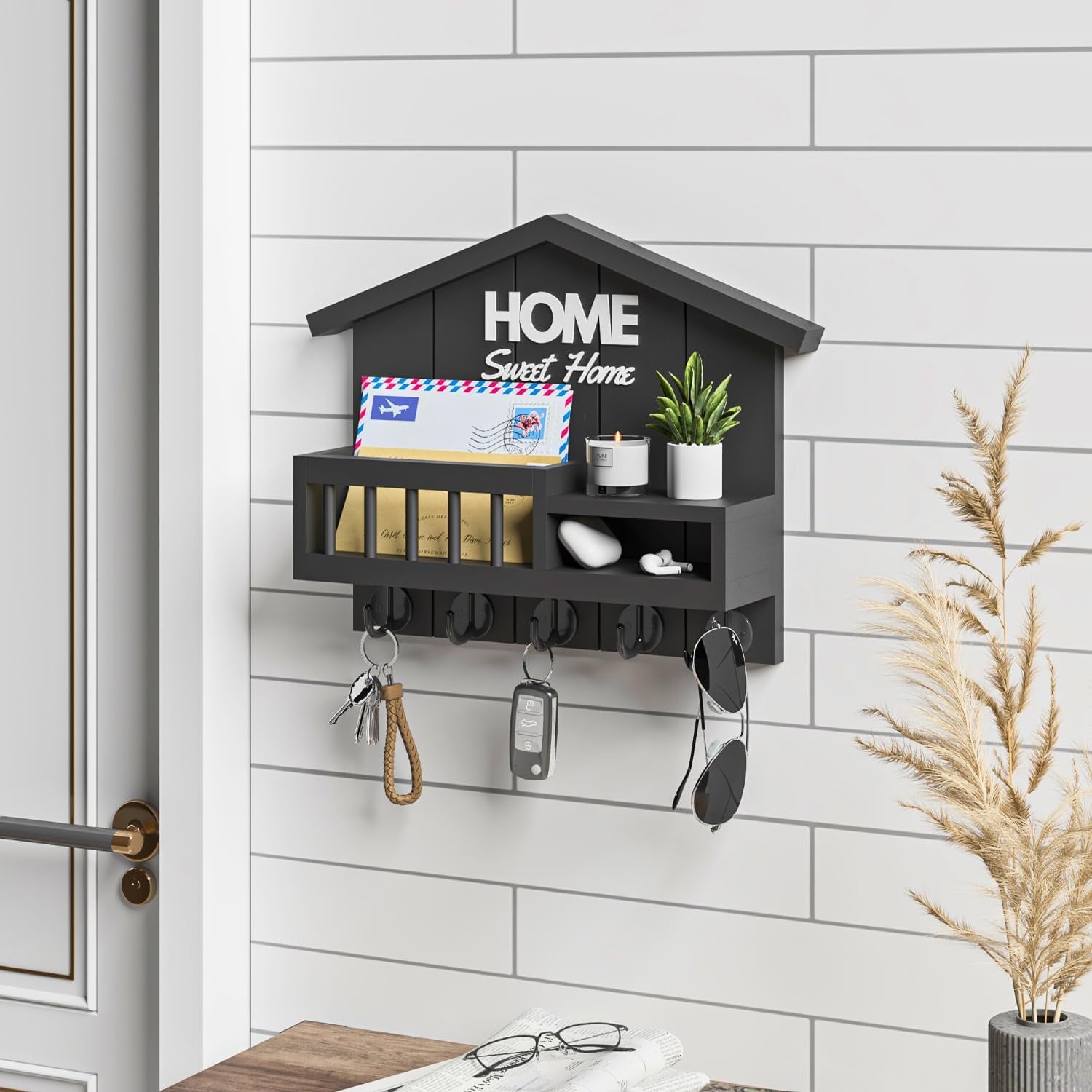 Key and Mail Holder for Wall, Wall Key Holder with Shelf, Home Key Holder for Wall, Wood Black Key Holder Wall Mount, Mail Organizer Wall Mounted, Entryway & Front Door Key Holder with 5 Hooks