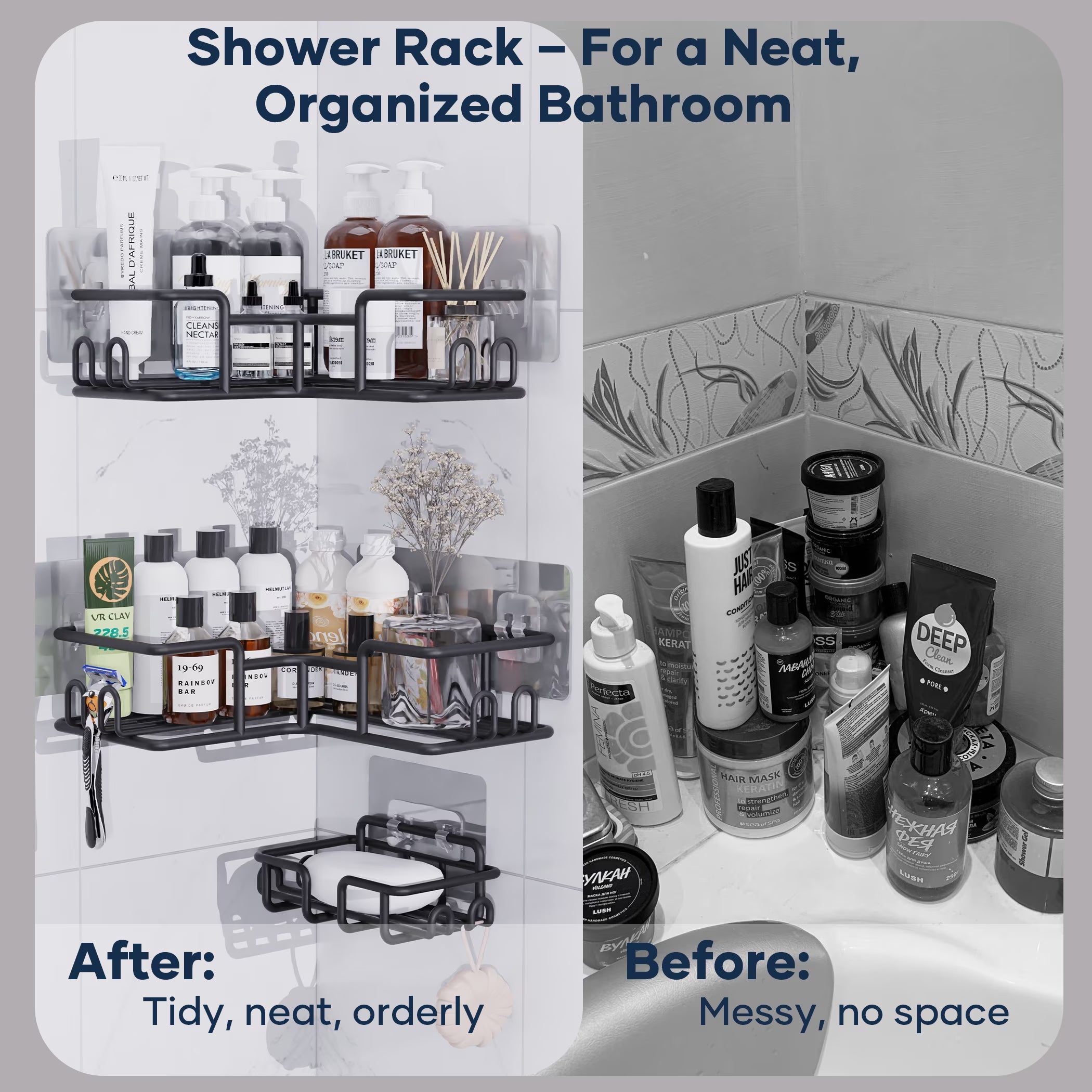 Corner Shower Caddy, 2-Pack No Drill Adhesive Organizer with Soap Dish, Space-Saving Bathroom/Kitchen Storage Shelf for Shower Corner (90° Angle Only)