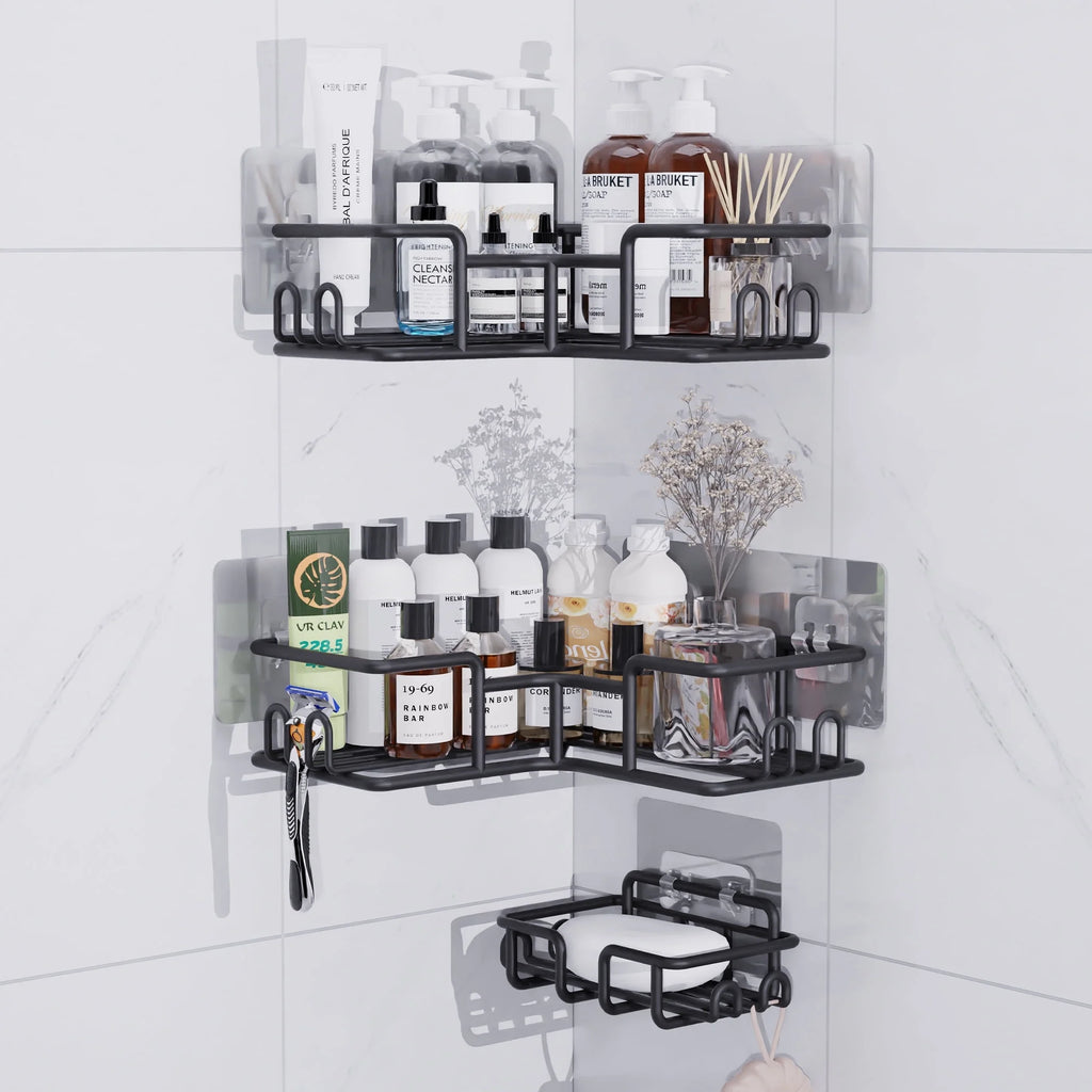 Corner Shower Caddy, 2-Pack No Drill Adhesive Organizer with Soap Dish, Space-Saving Bathroom/Kitchen Storage Shelf for Shower Corner (90° Angle Only)