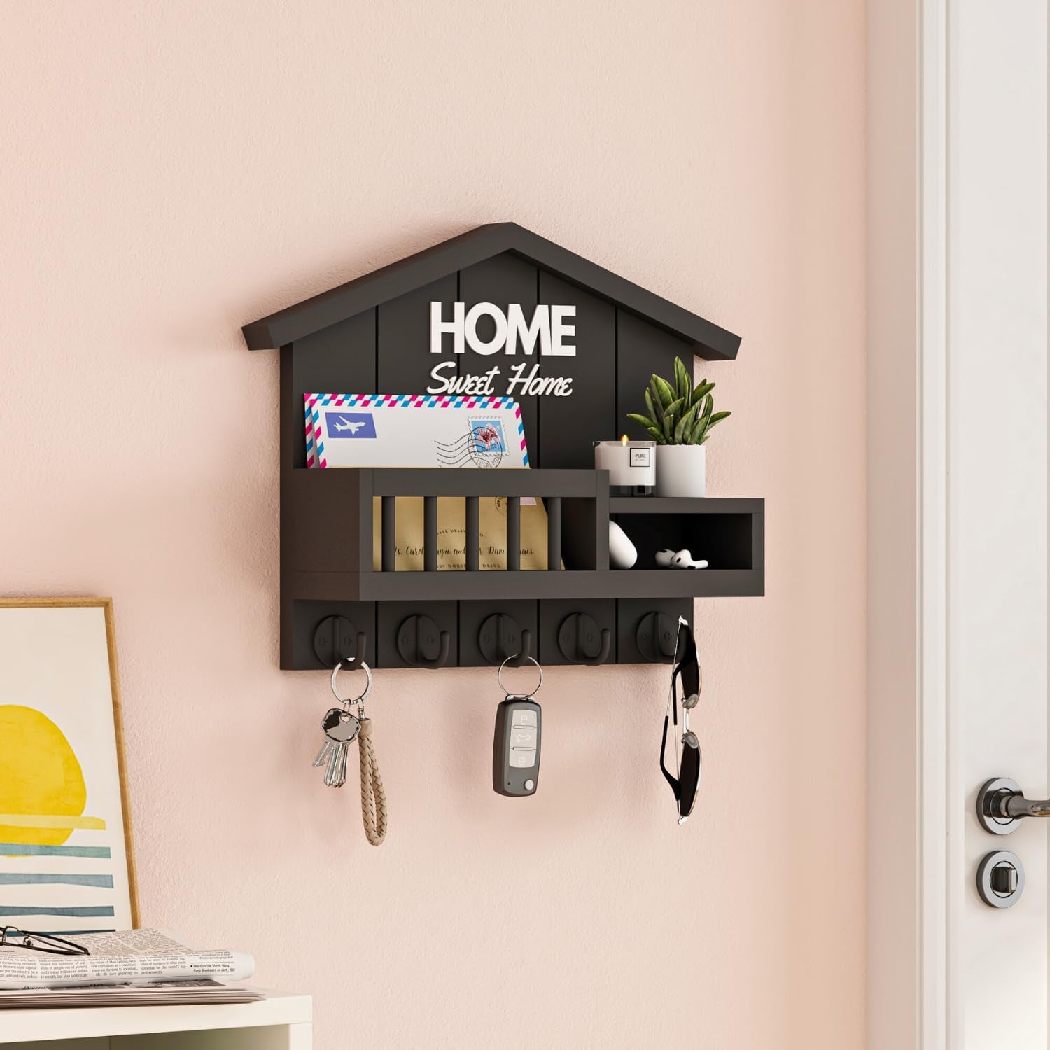 Key and Mail Holder for Wall, Wall Key Holder with Shelf, Home Key Holder for Wall, Wood Black Key Holder Wall Mount, Mail Organizer Wall Mounted, Entryway & Front Door Key Holder with 5 Hooks