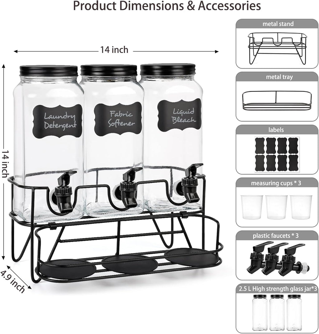 3 Sets 2.2L Liquid Laundry Detergent Dispenser, Glass Laundry Soap Dispenser with Stand, Measuring Cup, Fabric Softener Dispenser for Laundry Room Organization