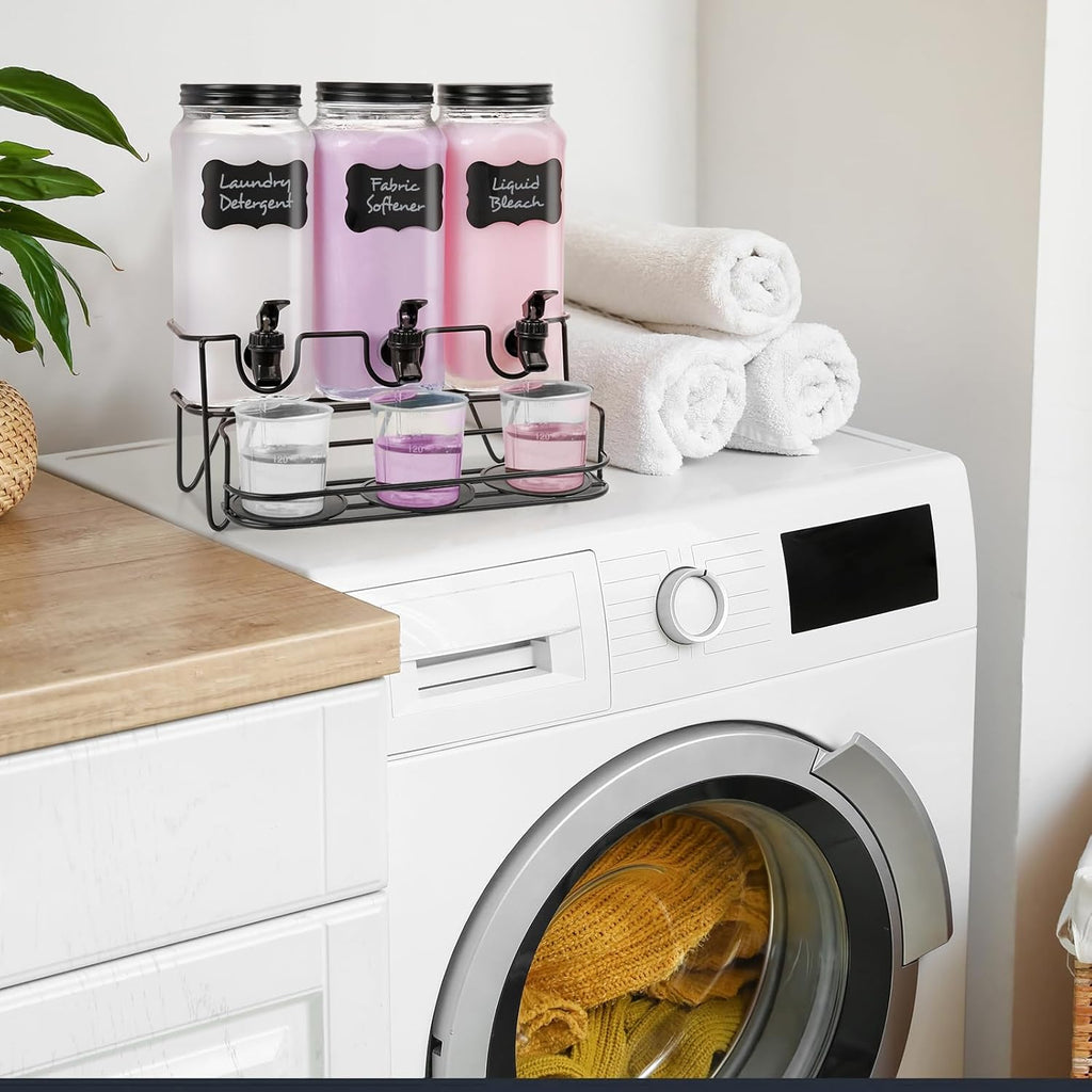 3 Sets 2.2L Liquid Laundry Detergent Dispenser, Glass Laundry Soap Dispenser with Stand, Measuring Cup, Fabric Softener Dispenser for Laundry Room Organization