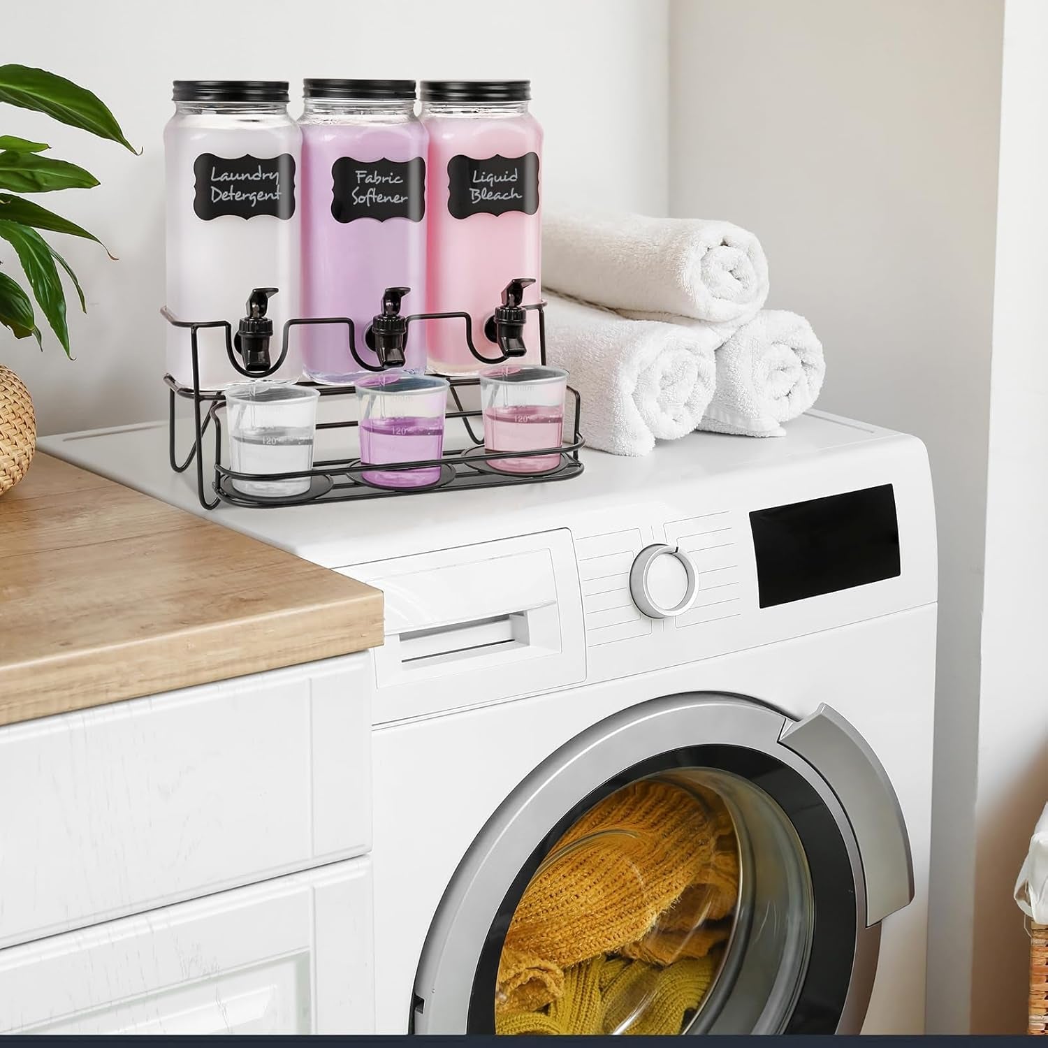 3 Sets 2.2L Liquid Laundry Detergent Dispenser, Glass Laundry Soap Dispenser with Stand, Measuring Cup, Fabric Softener Dispenser for Laundry Room Organization