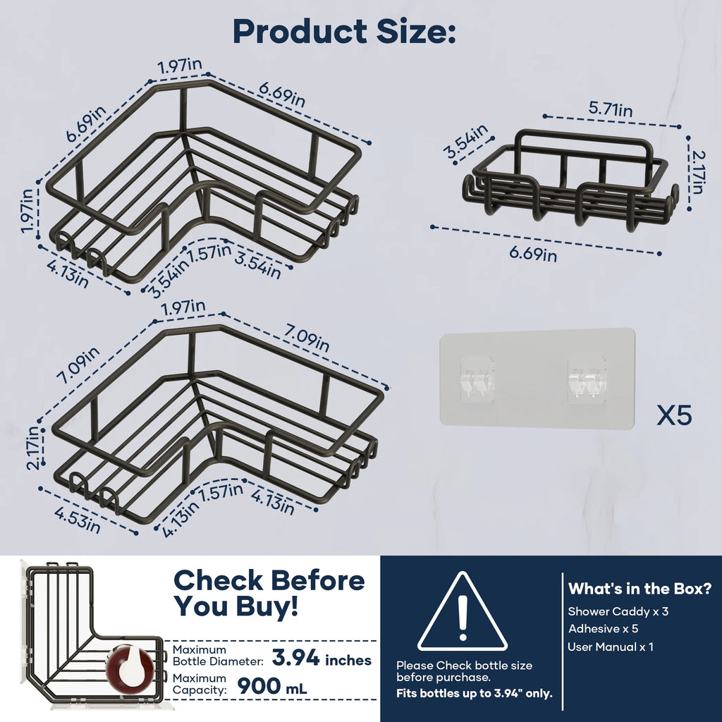 Corner Shower Caddy, 2-Pack No Drill Adhesive Organizer with Soap Dish, Space-Saving Bathroom/Kitchen Storage Shelf for Shower Corner (90° Angle Only)