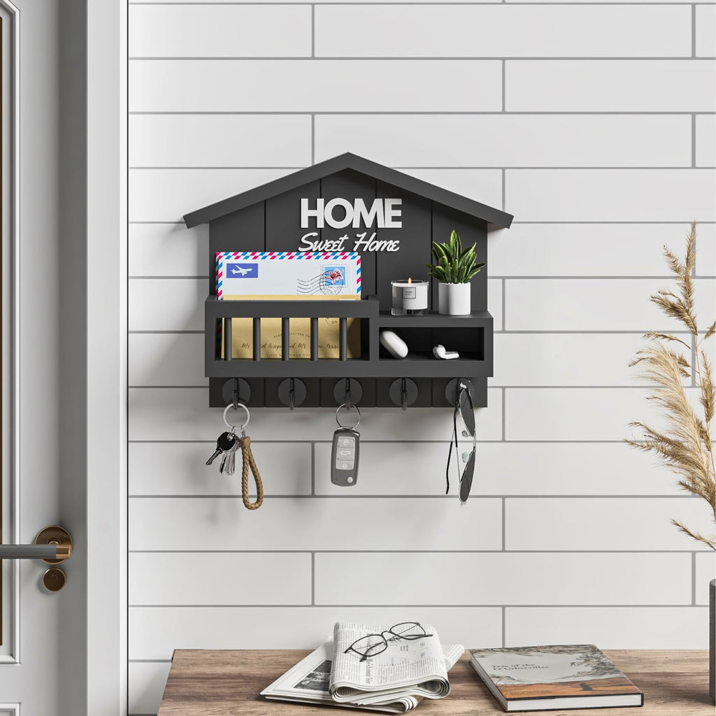 Key and Mail Holder for Wall, Wall Key Holder with Shelf, Home Key Holder for Wall, Wood Black Key Holder Wall Mount, Mail Organizer Wall Mounted, Entryway & Front Door Key Holder with 5 Hooks